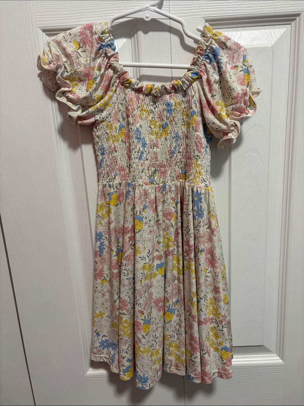 Girls' Angel Dear Puff-Sleeve Dress in Cream, Pink & Blue